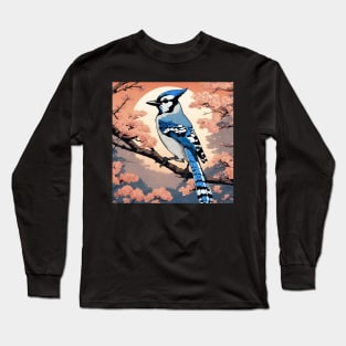 Blue Jay Bird Vintage Retro Japanese Blue Jay Girl Loves Bird and Bird Mom Long Sleeve T-Shirt